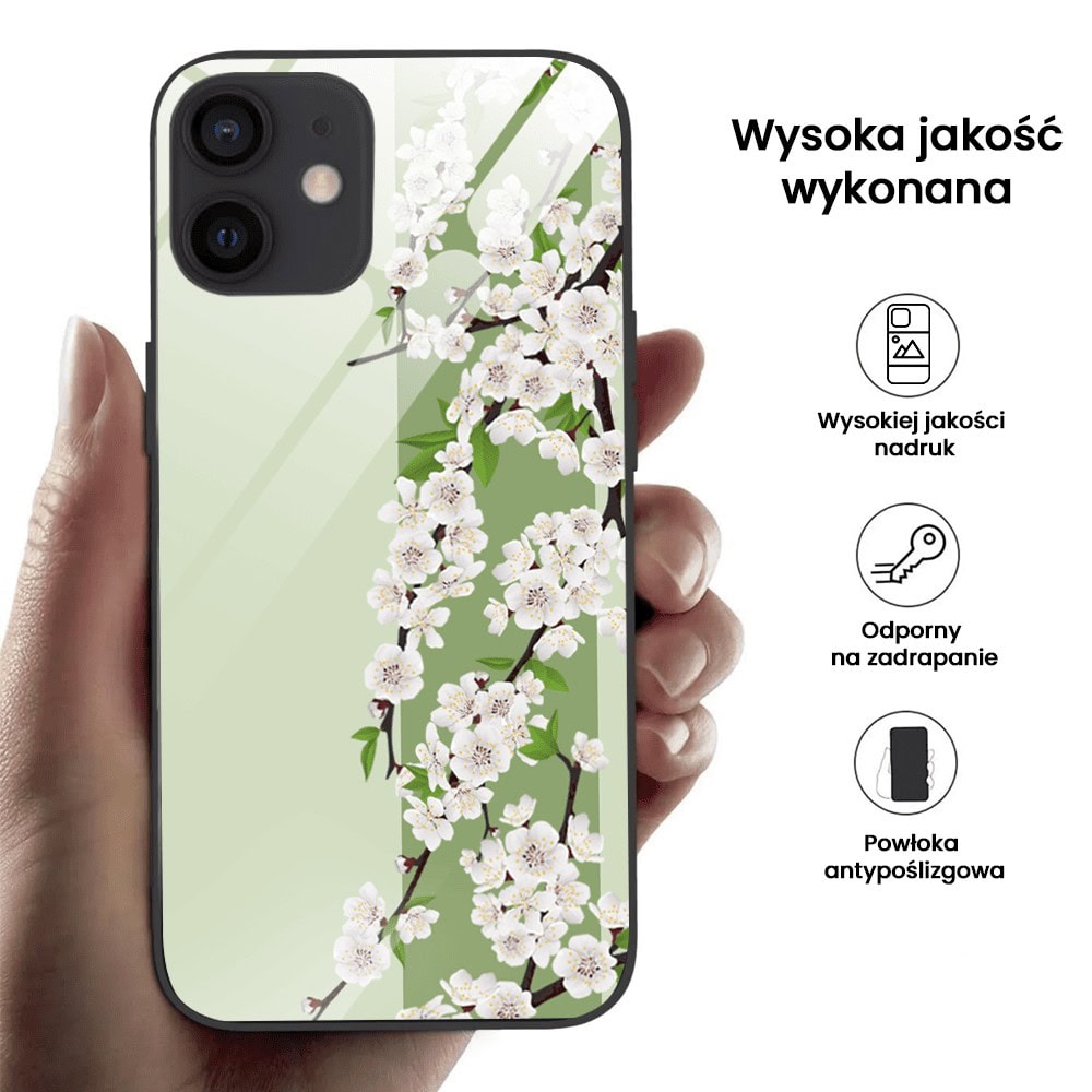 Etui do iPhone 12, szklany tył, romantyczny bez, czarne
