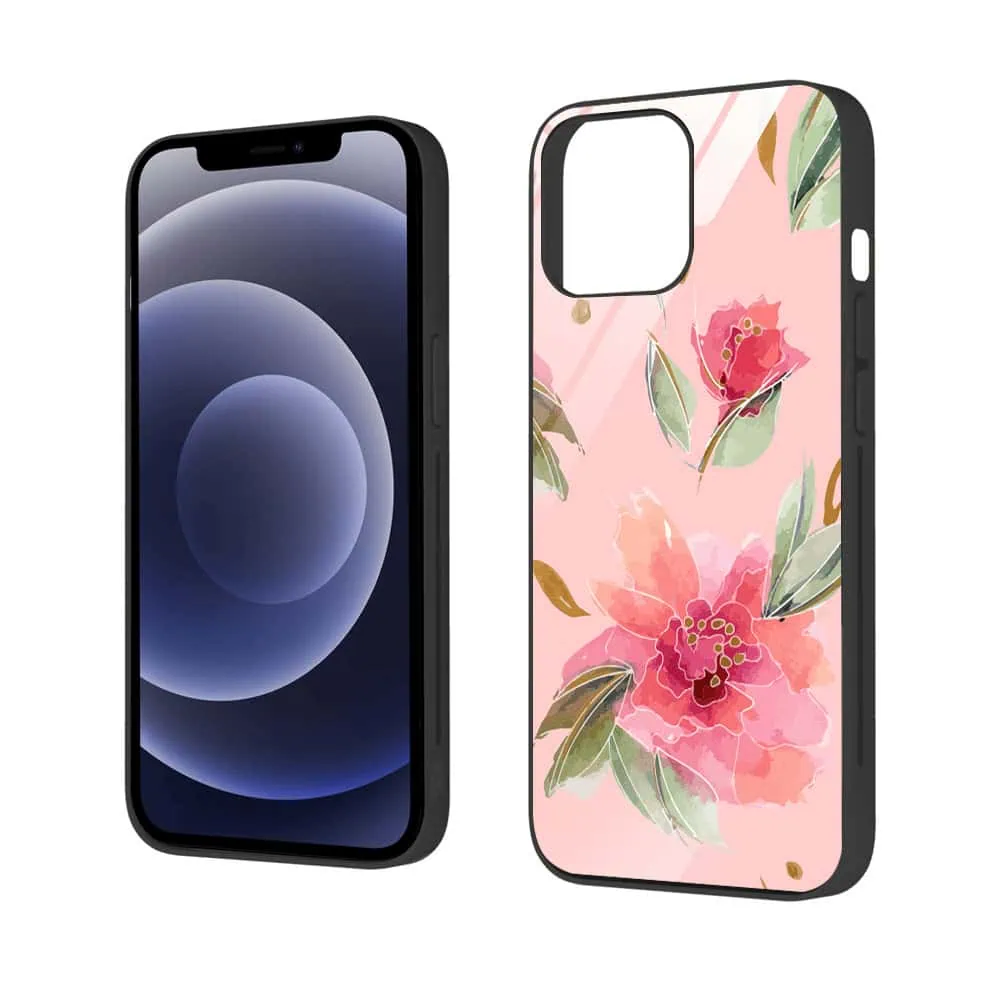 Etui do iPhone 12, szklany tył, różowa wiosna, czarne
