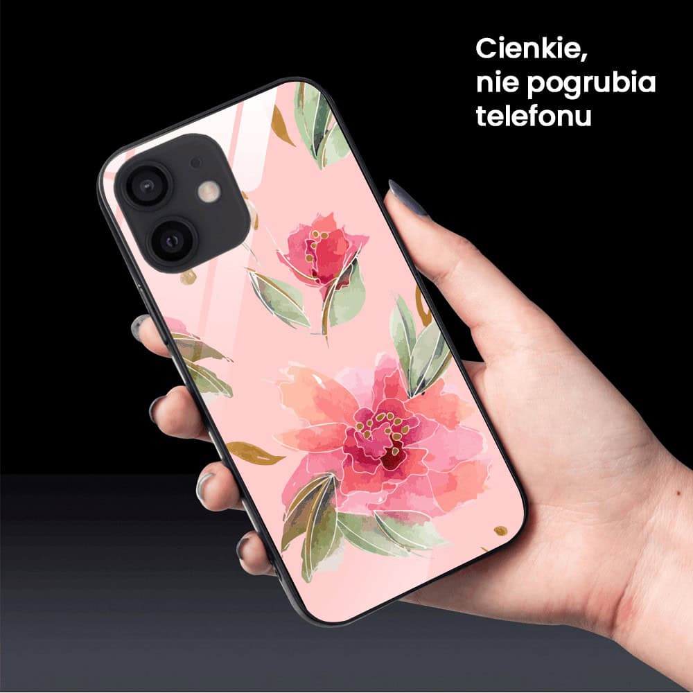 Etui do iPhone 12, szklany tył, różowa wiosna, czarne