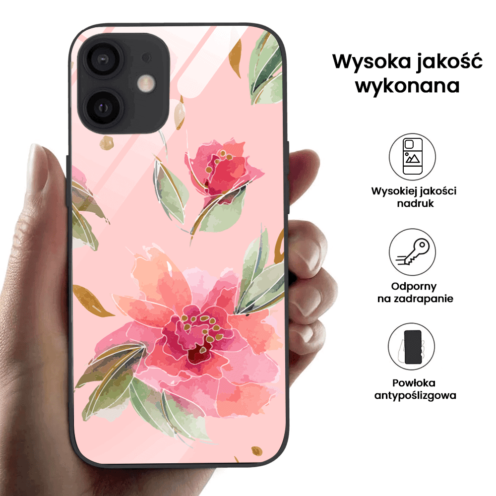 Etui do iPhone 12, szklany tył, różowa wiosna, czarne