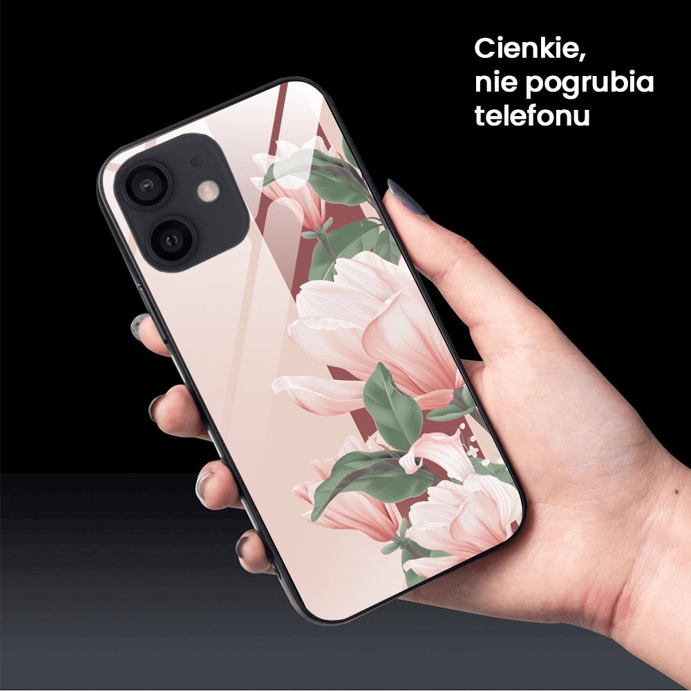 Etui do iPhone 12, szklany tył, subtelne róże, czarne