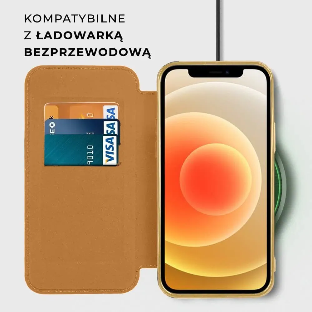 Etui do iPhone 12 typu książka Book Magsafe Lens Protect, z klapką, złote