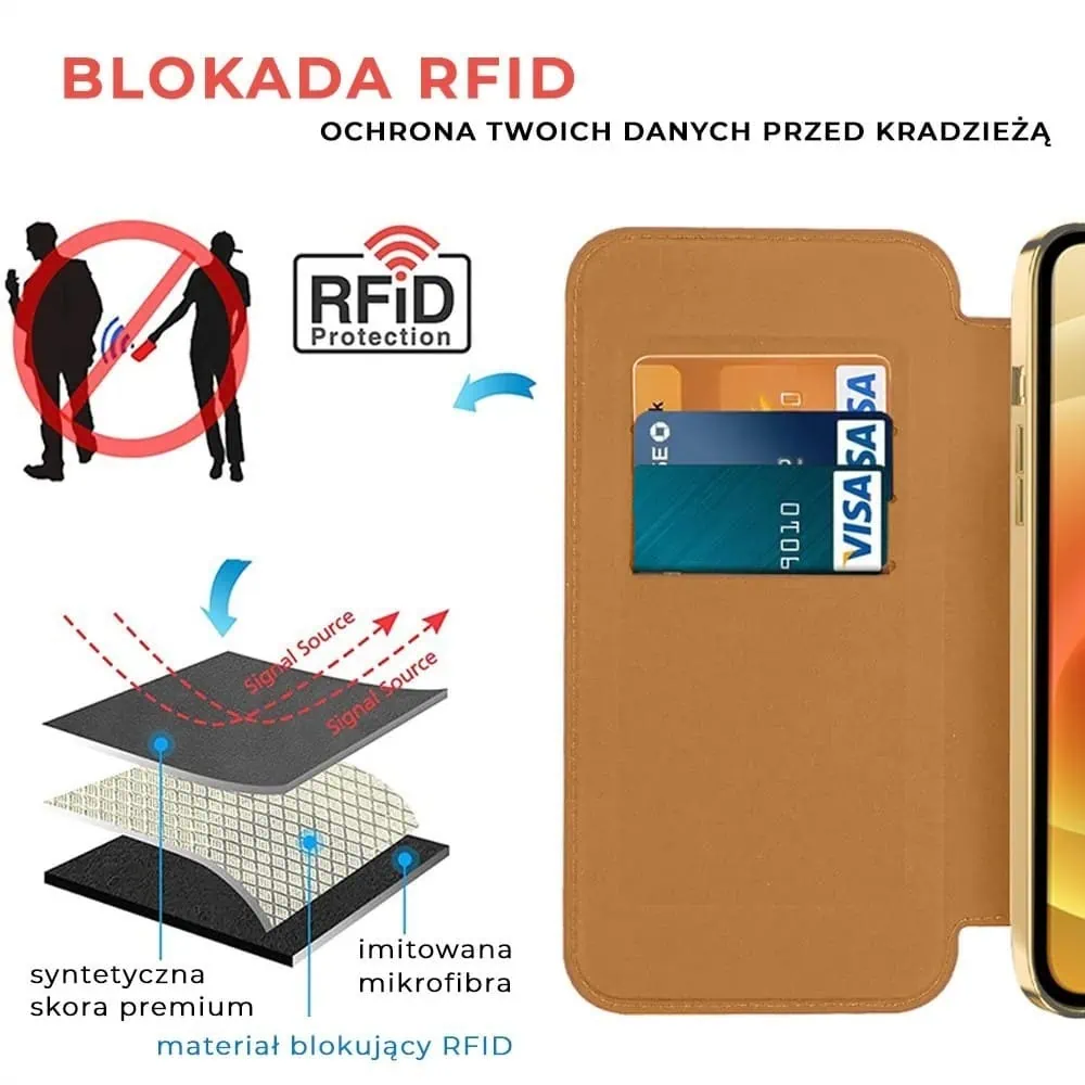 Etui do iPhone 12 typu książka Book Magsafe Lens Protect, z klapką, złote
