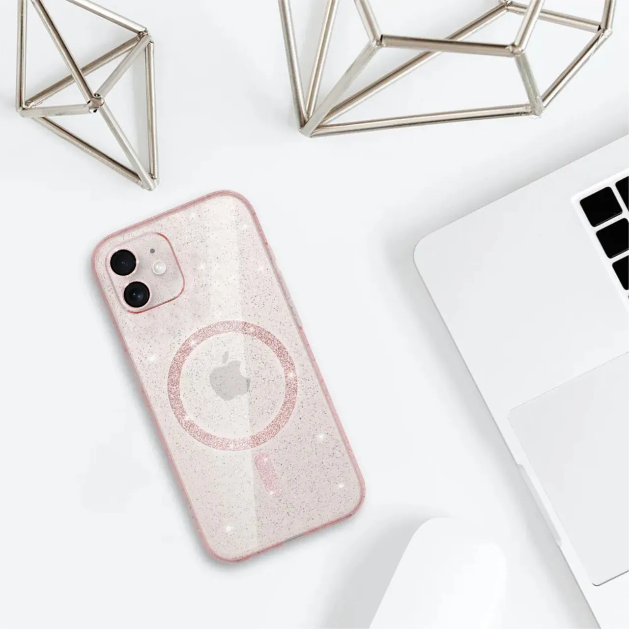 Etui do iPhone 12 z Magsafe, przeźroczyste, błyszczący brokat, różowe