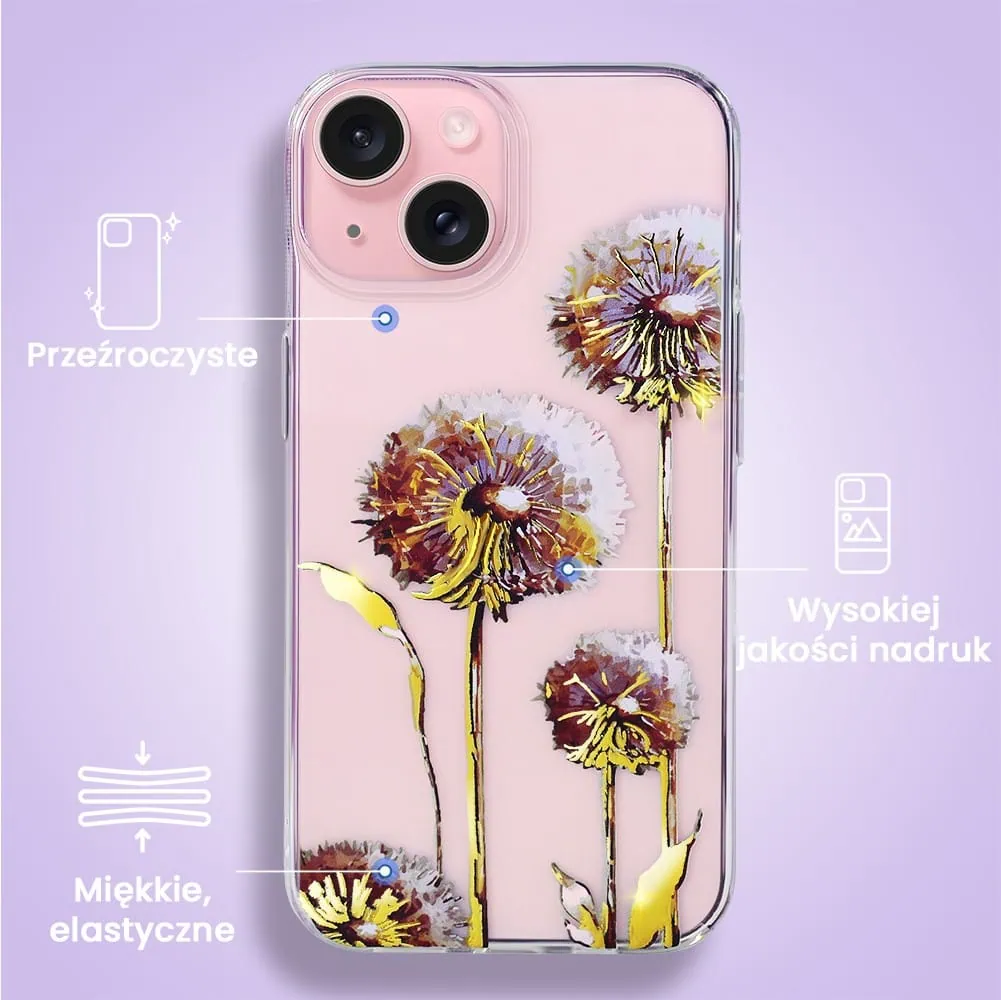 Etui do iPhone 13 Mini, przeźroczyste, fioletowe dmuchawce ze złotym zdobieniem