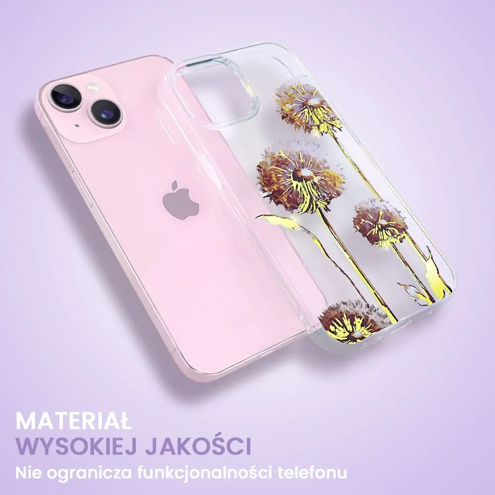 Etui do iPhone 13 Mini, przeźroczyste, fioletowe dmuchawce ze złotym zdobieniem
