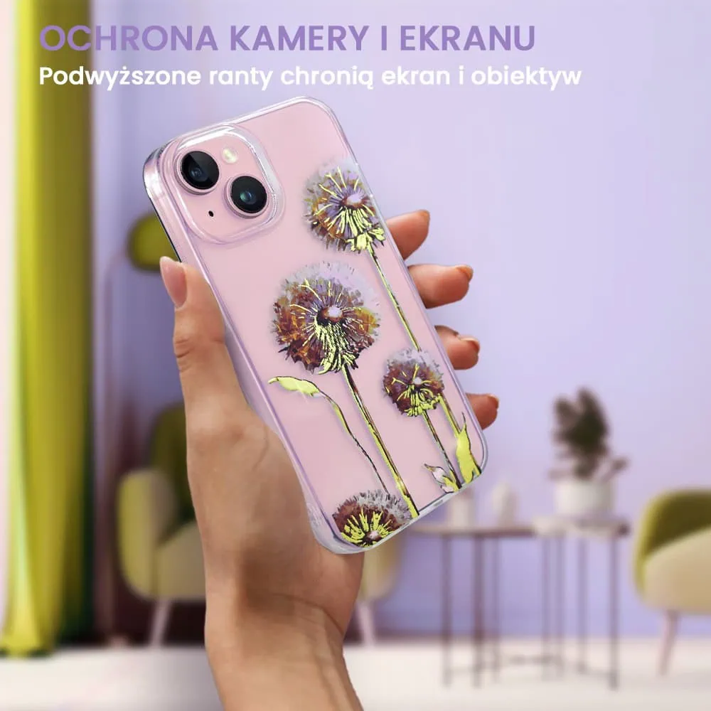 Etui do iPhone 13 Mini, przeźroczyste, fioletowe dmuchawce ze złotym zdobieniem