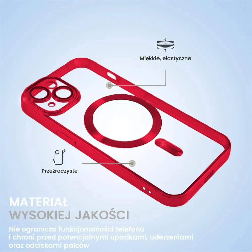 Etui do iPhone 13 Mini MagSafe Luxury Protect przeźroczyste, hybrydowa ochrona kamery, czerwone
