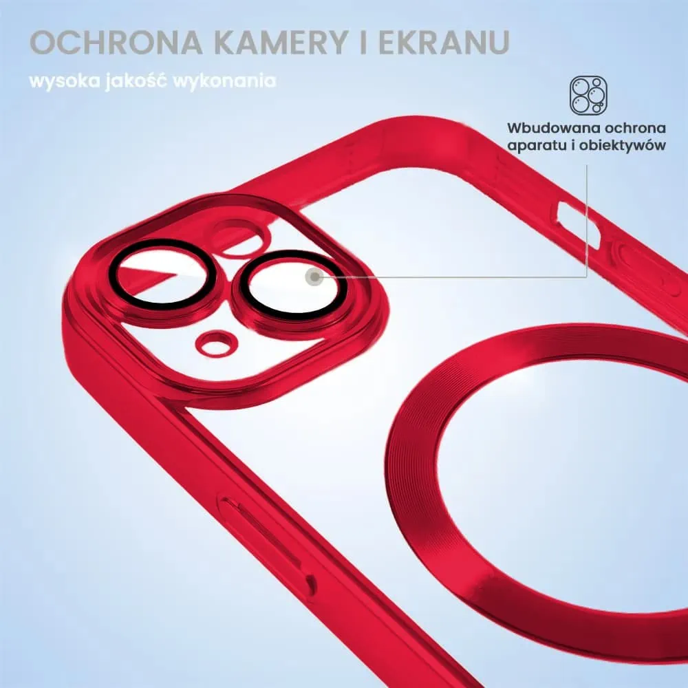 Etui do iPhone 13 Mini MagSafe Luxury Protect przeźroczyste, hybrydowa ochrona kamery, czerwone