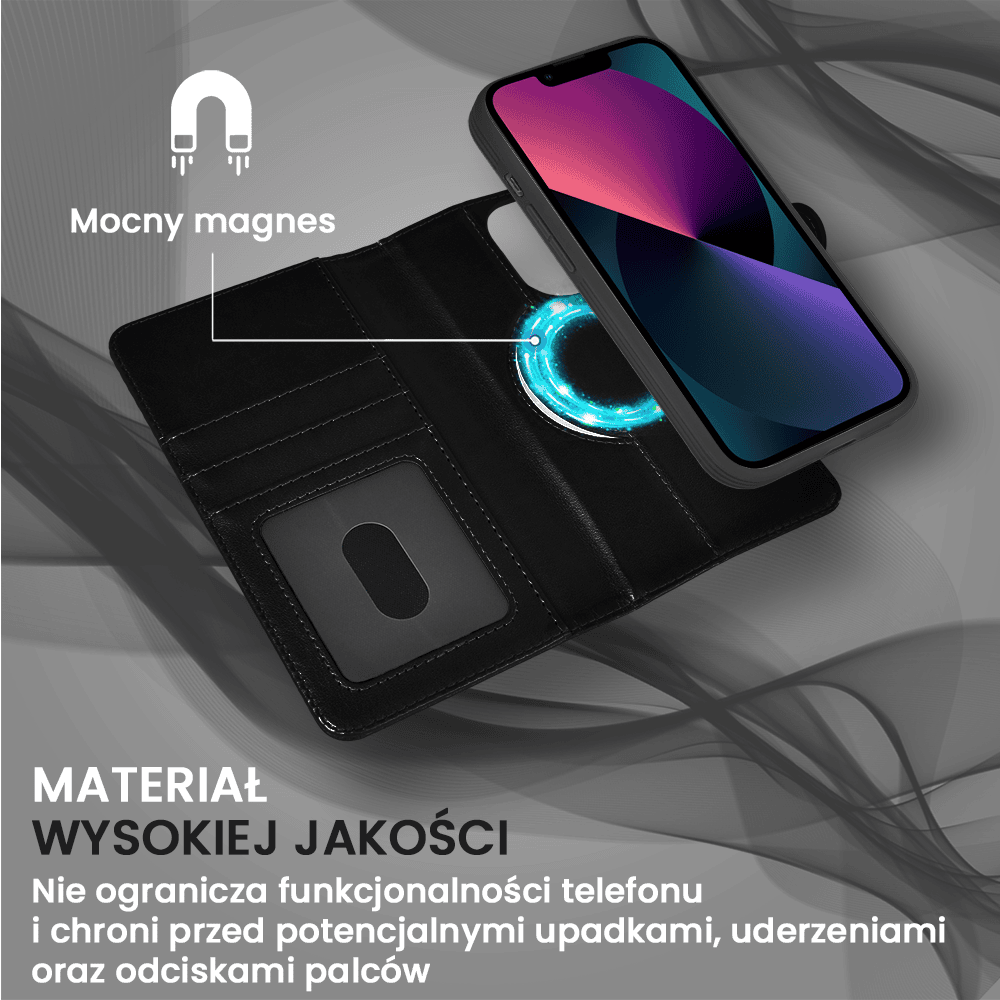 Etui do iPhone 13 3w1 Magsafe Double Book, zestaw etui oraz kabura z podstawką, czarne