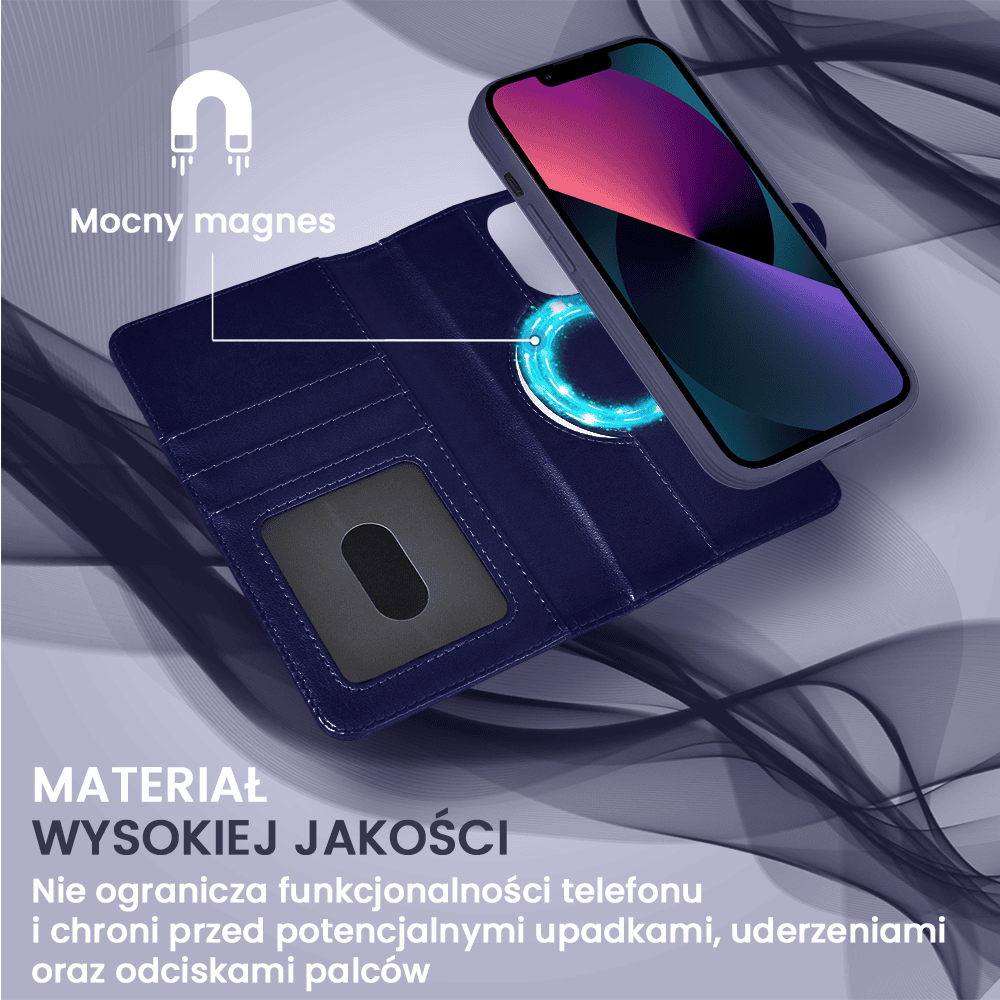 Etui do iPhone 13 3w1 Magsafe Double Book, zestaw etui oraz kabura z podstawką, granatowe