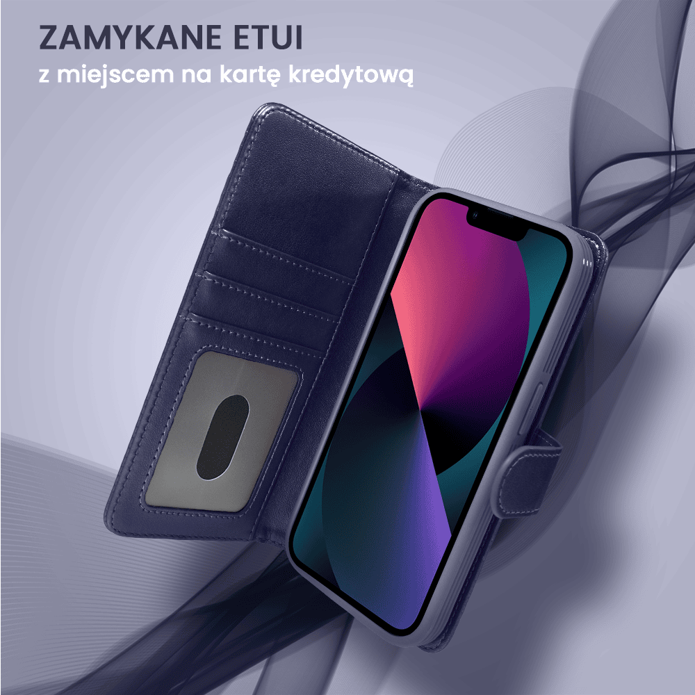 Etui do iPhone 13 3w1 Magsafe Double Book, zestaw etui oraz kabura z podstawką, granatowe