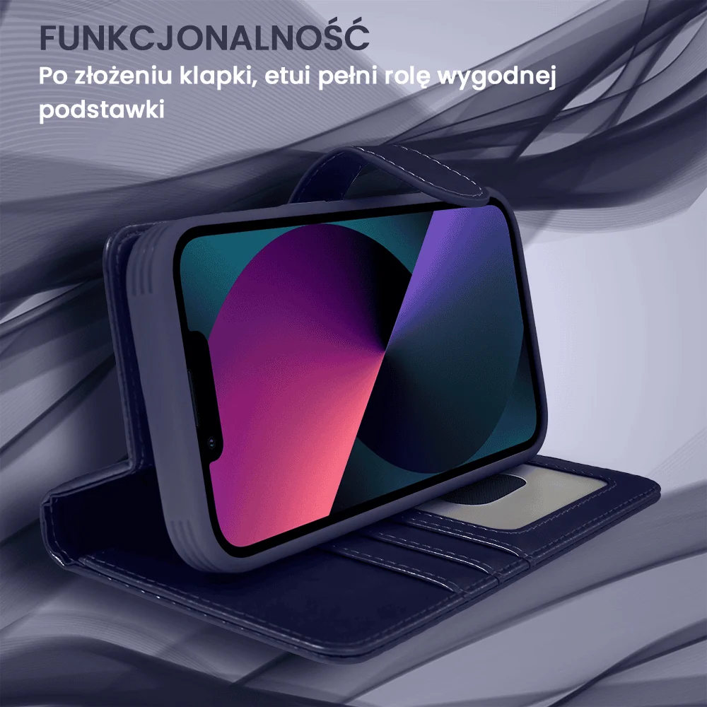 Etui do iPhone 13 3w1 Magsafe Double Book, zestaw etui oraz kabura z podstawką, granatowe