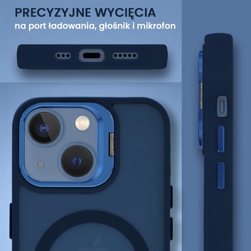 Etui do iPhone 13 Arctic Stand, półprzeźroczyste, z osłoną aparatu i podstawką, głęboki niebieski
