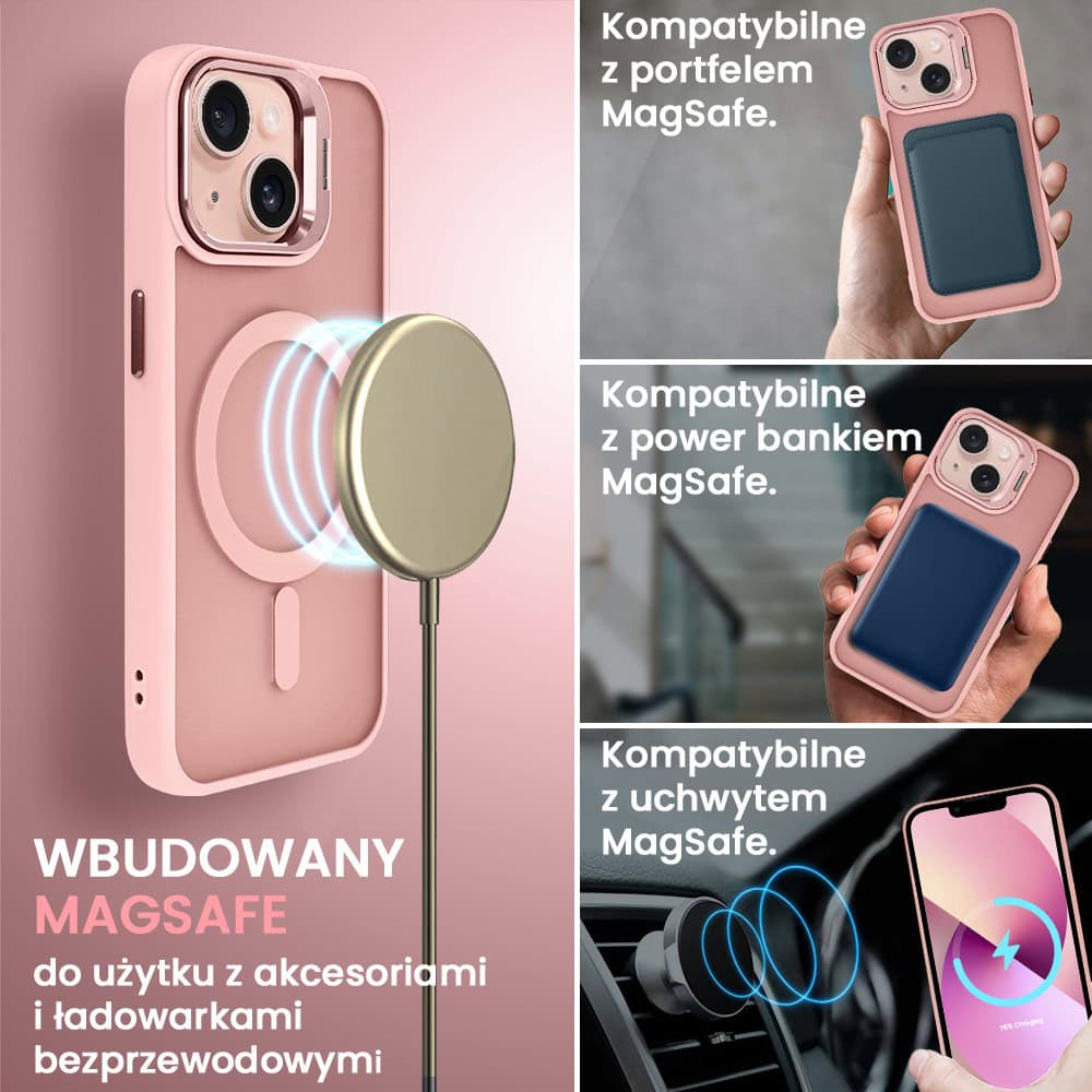 Etui do iPhone 13 Arctic Stand, półprzeźroczyste, z osłoną aparatu i podstawką, różowe