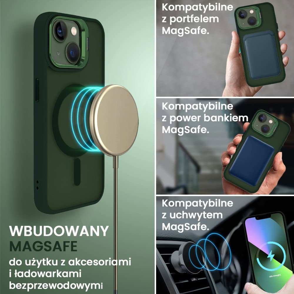 Etui do iPhone 13 Arctic Stand, półprzeźroczyste, z osłoną aparatu i podstawką, zielone