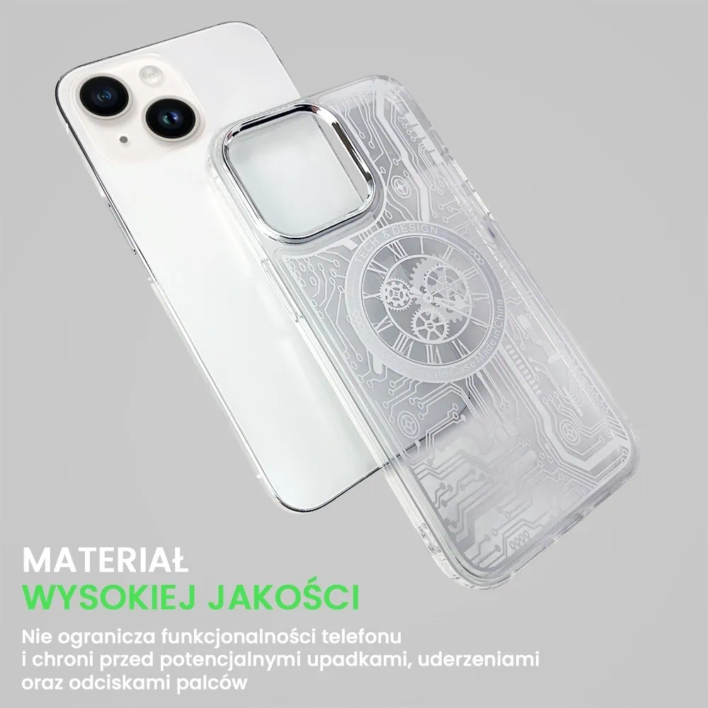 Etui do iPhone 13 ClockWork MagSafe, przeźroczyste z mechanizmem w środku, srebrne