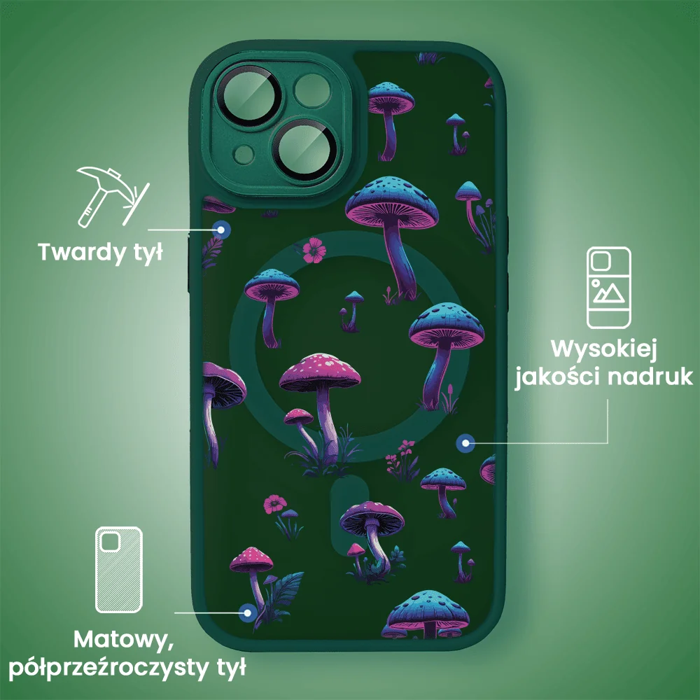 Etui do iPhone 13 Color Flush z Magsafe, z osłoną aparatu, z nadrukiem magiczne grzybki, ciemno zielone