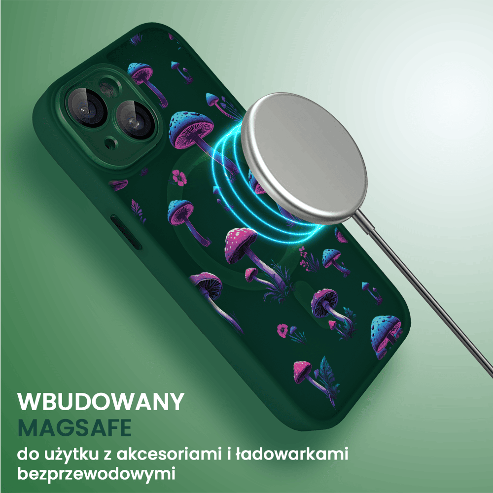 Etui do iPhone 13 Color Flush z Magsafe, z osłoną aparatu, z nadrukiem magiczne grzybki, ciemno zielone