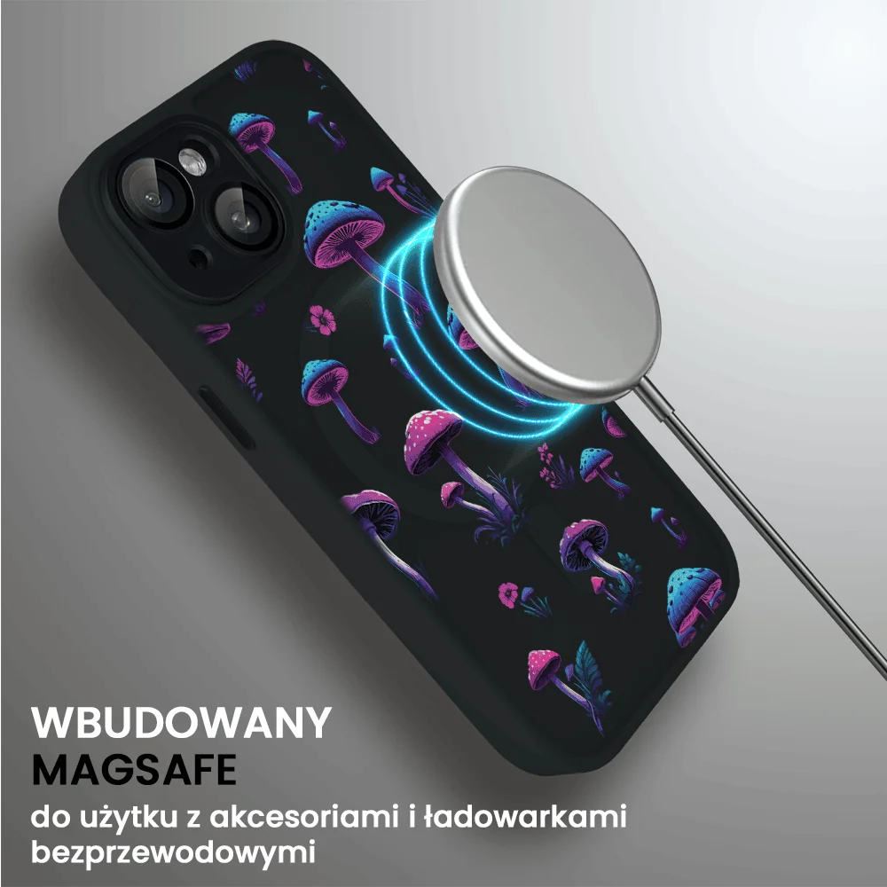 Etui do iPhone 13 Color Flush z Magsafe, z osłoną aparatu, z nadrukiem magiczne grzybki, czarne