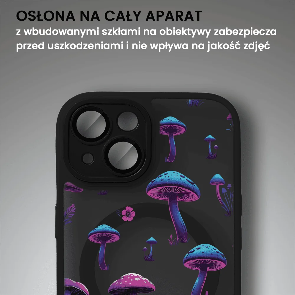 Etui do iPhone 13 Color Flush z Magsafe, z osłoną aparatu, z nadrukiem magiczne grzybki, czarne