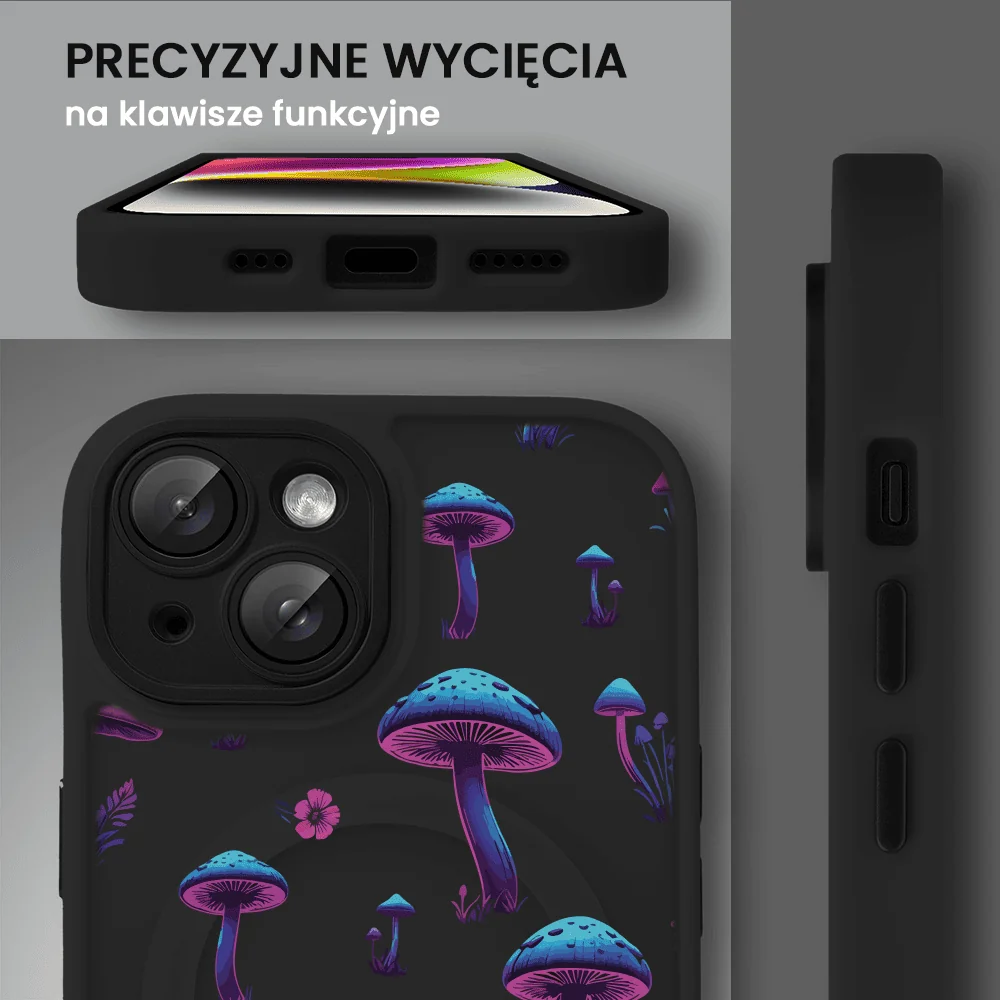 Etui do iPhone 13 Color Flush z Magsafe, z osłoną aparatu, z nadrukiem magiczne grzybki, czarne
