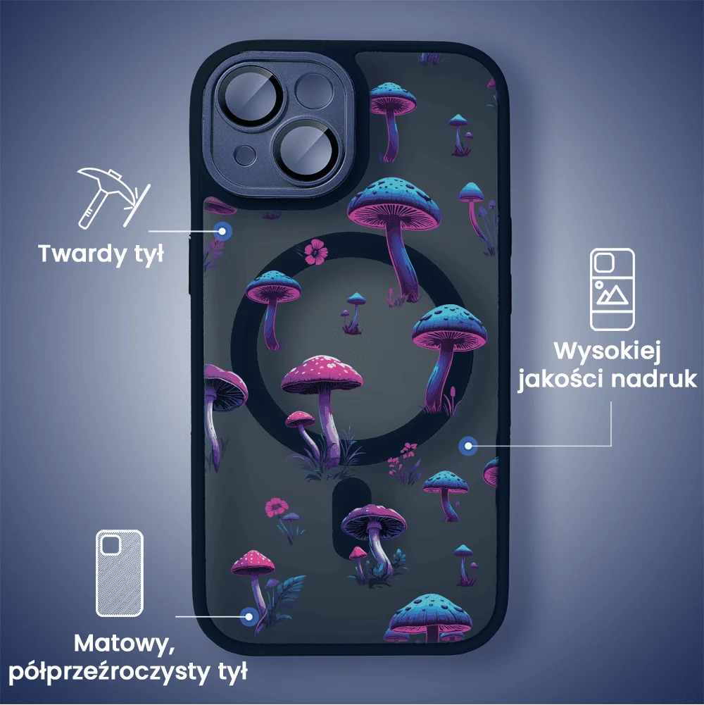Etui do iPhone 13 Color Flush z Magsafe, z osłoną aparatu, z nadrukiem magiczne grzybki, granatowe