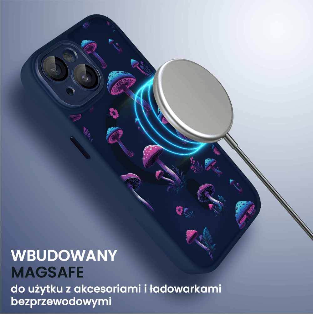 Etui do iPhone 13 Color Flush z Magsafe, z osłoną aparatu, z nadrukiem magiczne grzybki, granatowe