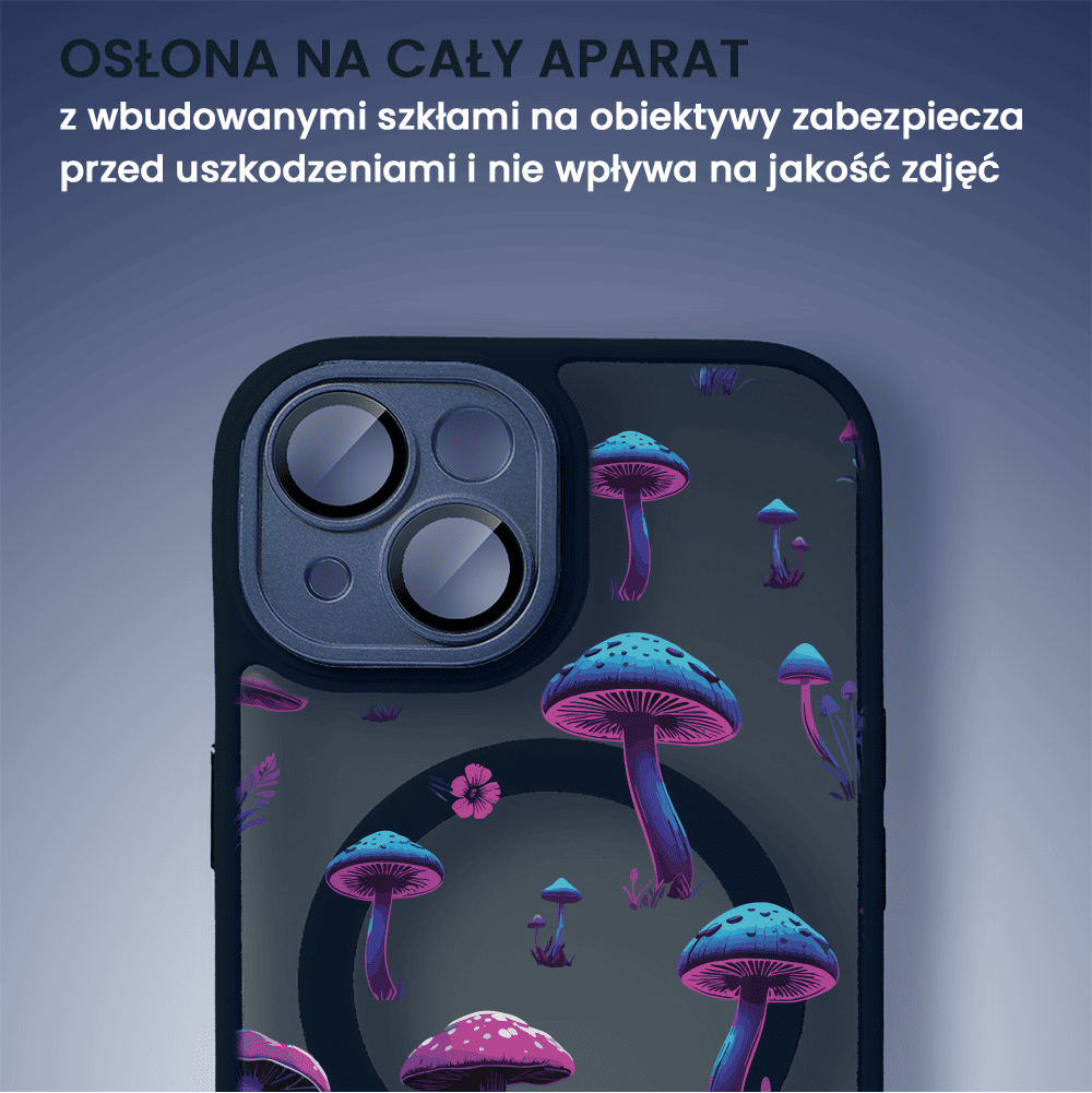 Etui do iPhone 13 Color Flush z Magsafe, z osłoną aparatu, z nadrukiem magiczne grzybki, granatowe