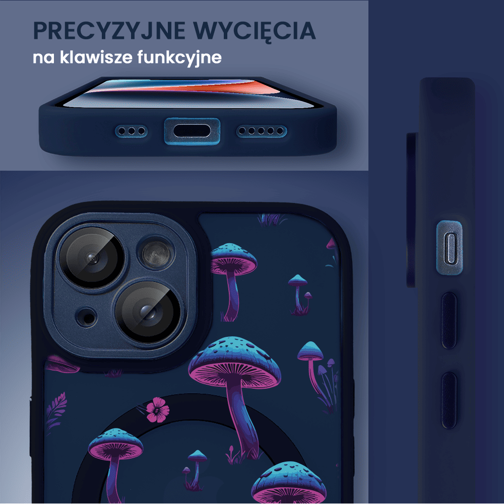 Etui do iPhone 13 Color Flush z Magsafe, z osłoną aparatu, z nadrukiem magiczne grzybki, granatowe