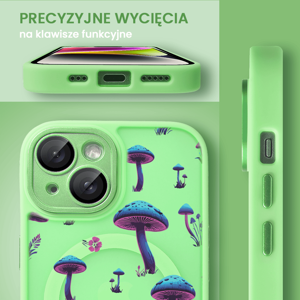 Etui do iPhone 13 Color Flush z Magsafe, z osłoną aparatu, z nadrukiem magiczne grzybki, jasno zielone