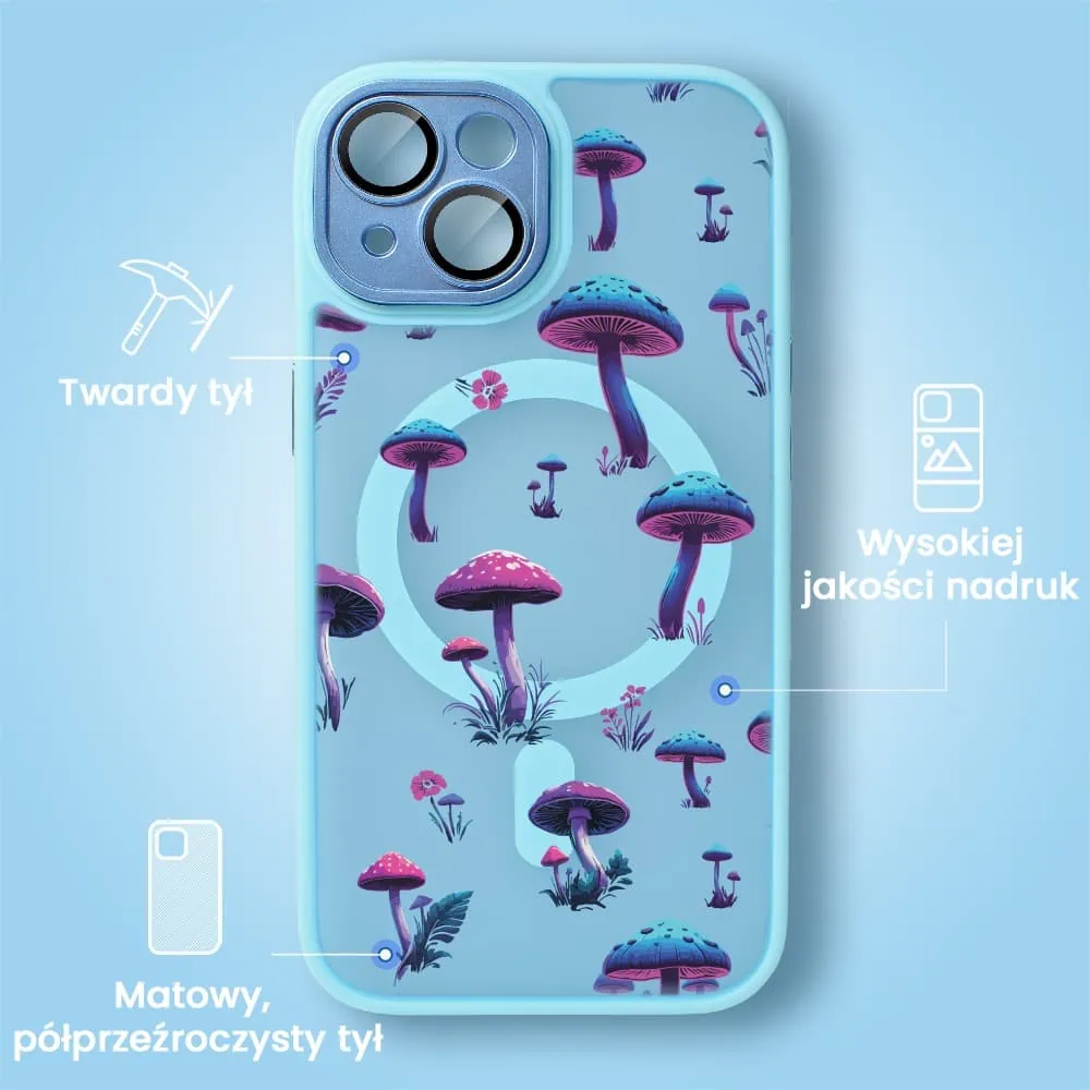 Etui do iPhone 13 Color Flush z Magsafe, z osłoną aparatu, z nadrukiem magiczne grzybki, niebieskie