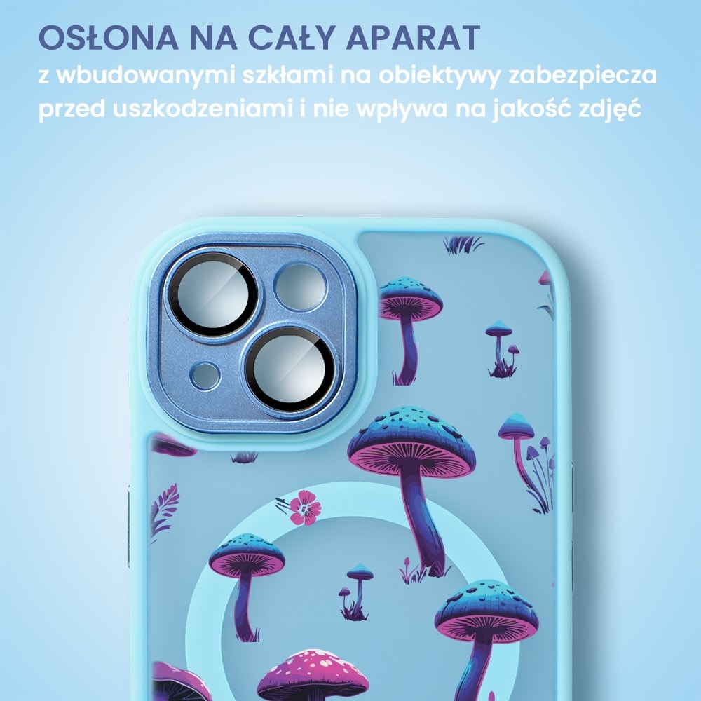 Etui do iPhone 13 Color Flush z Magsafe, z osłoną aparatu, z nadrukiem magiczne grzybki, niebieskie