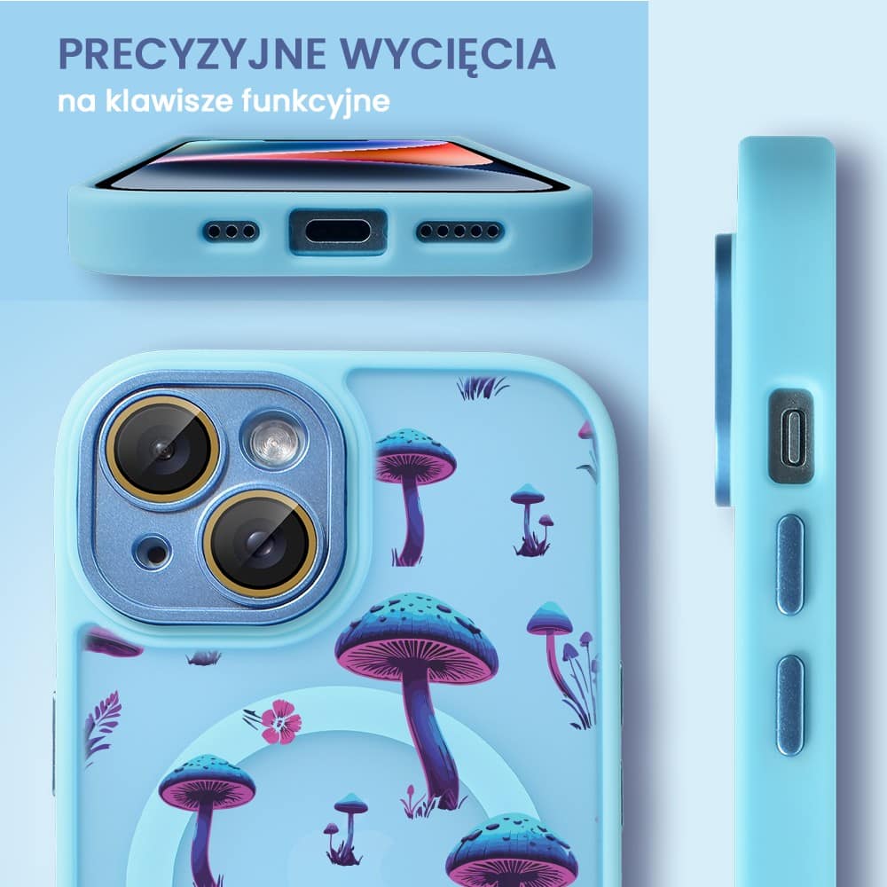 Etui do iPhone 13 Color Flush z Magsafe, z osłoną aparatu, z nadrukiem magiczne grzybki, niebieskie