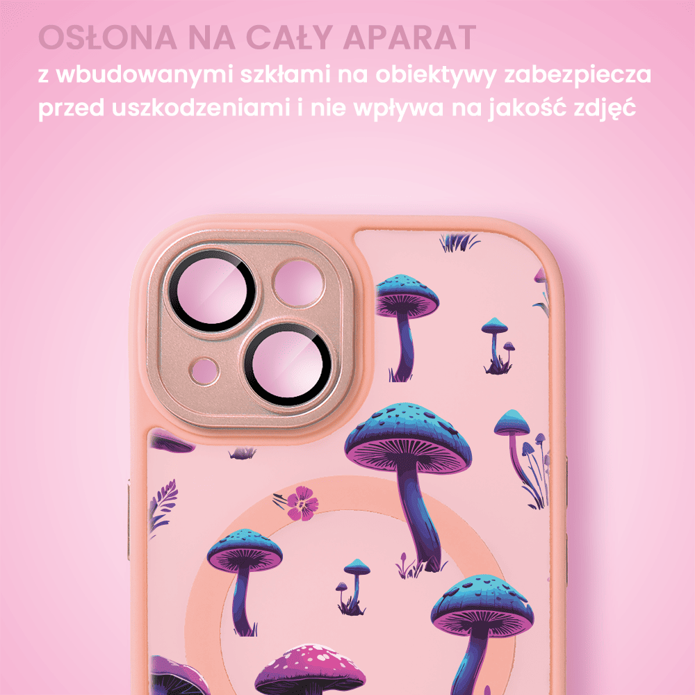 Etui do iPhone 13 Color Flush z Magsafe, z osłoną aparatu, z nadrukiem magiczne grzybki, różowe