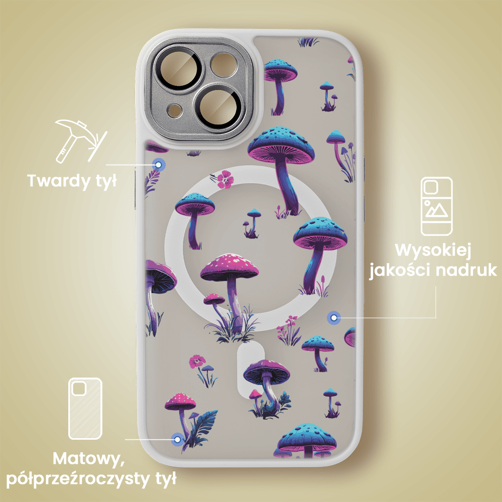 Etui do iPhone 13 Color Flush z Magsafe, z osłoną aparatu, z nadrukiem magiczne grzybki, popielate