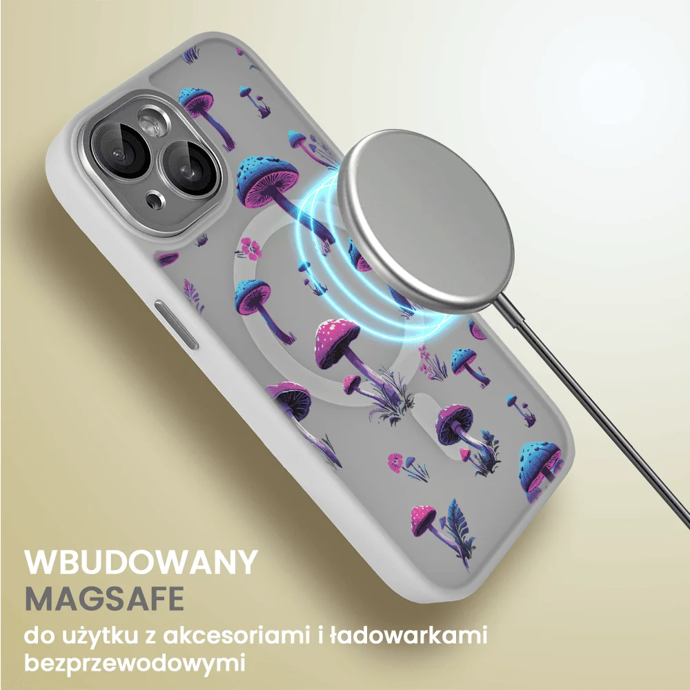 Etui do iPhone 13 Color Flush z Magsafe, z osłoną aparatu, z nadrukiem magiczne grzybki, popielate