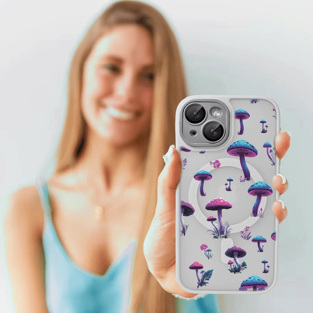 Etui do iPhone 13 Color Flush z Magsafe, z osłoną aparatu, z nadrukiem magiczne grzybki, popielate