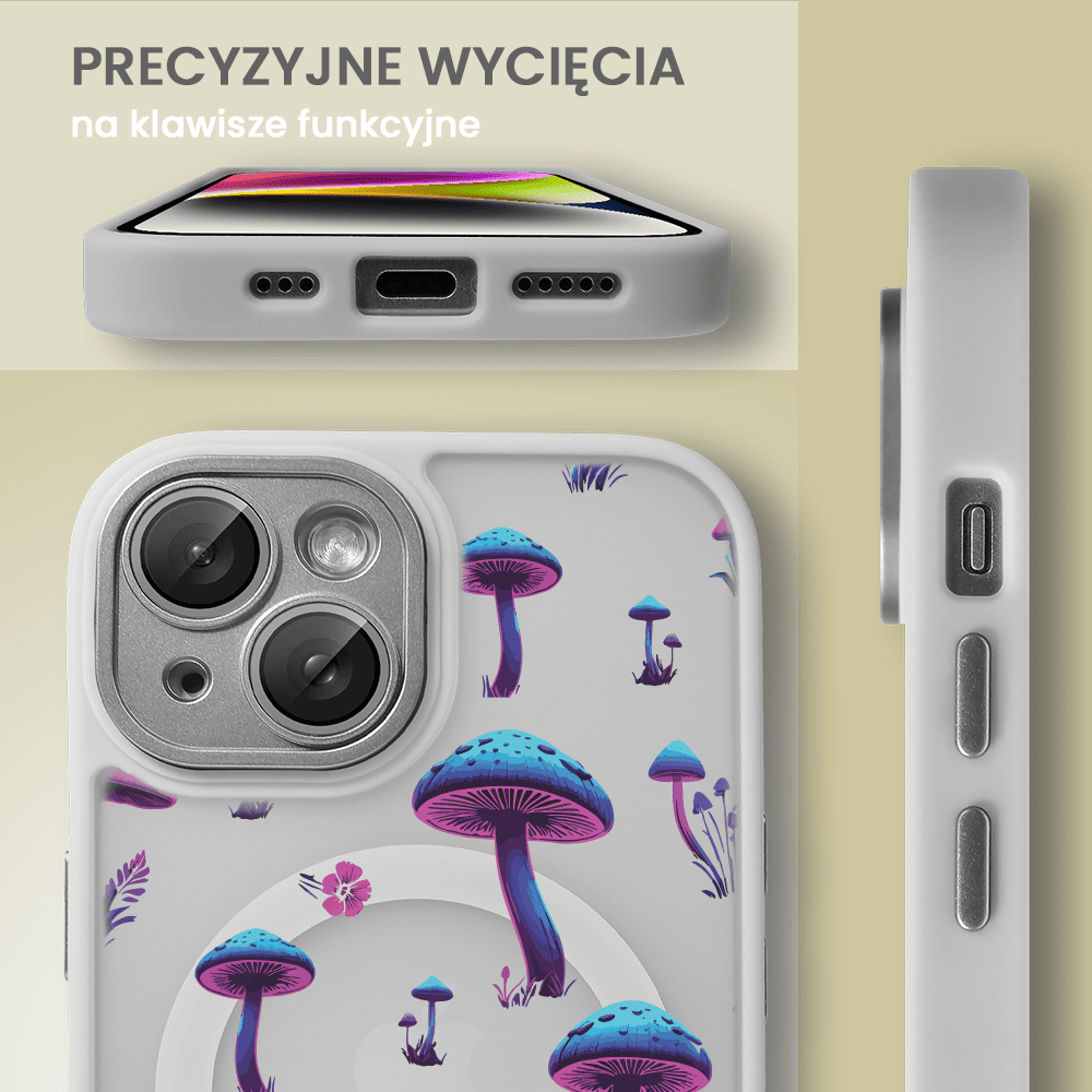 Etui do iPhone 13 Color Flush z Magsafe, z osłoną aparatu, z nadrukiem magiczne grzybki, popielate