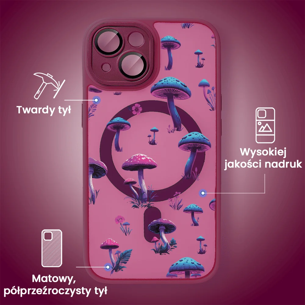 Etui do iPhone 13 Color Flush z Magsafe, z osłoną aparatu, z nadrukiem magiczne grzybki, wiśniowe