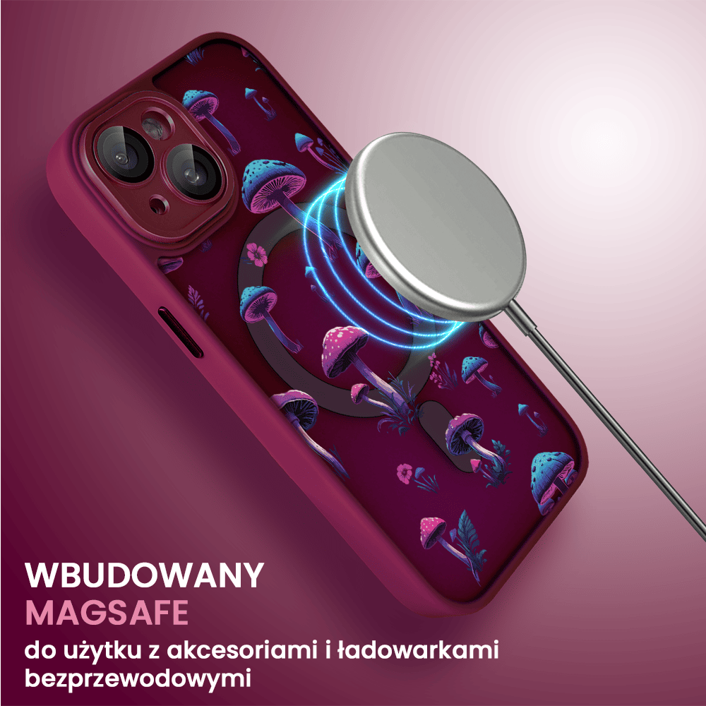 Etui do iPhone 13 Color Flush z Magsafe, z osłoną aparatu, z nadrukiem magiczne grzybki, wiśniowe