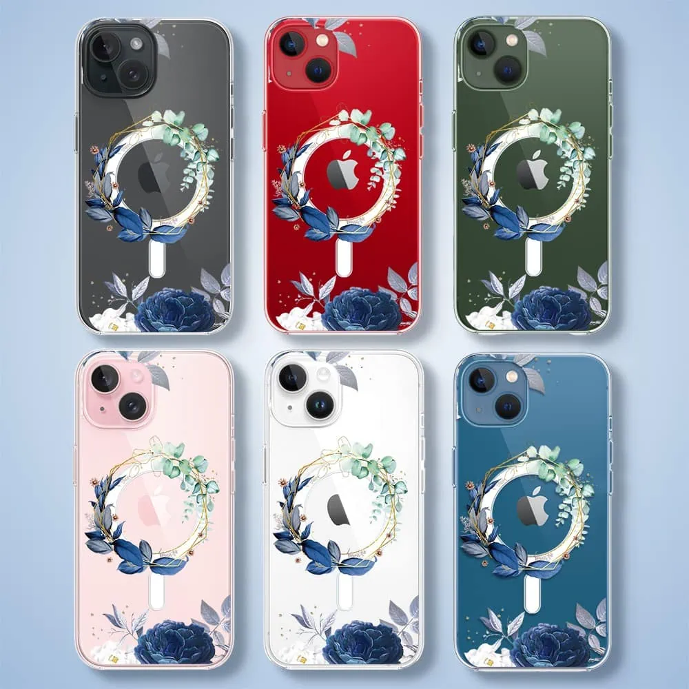 Etui do iPhone 13 Mini, Flower MagSafe, niebieskie kwiaty, przeźroczyste