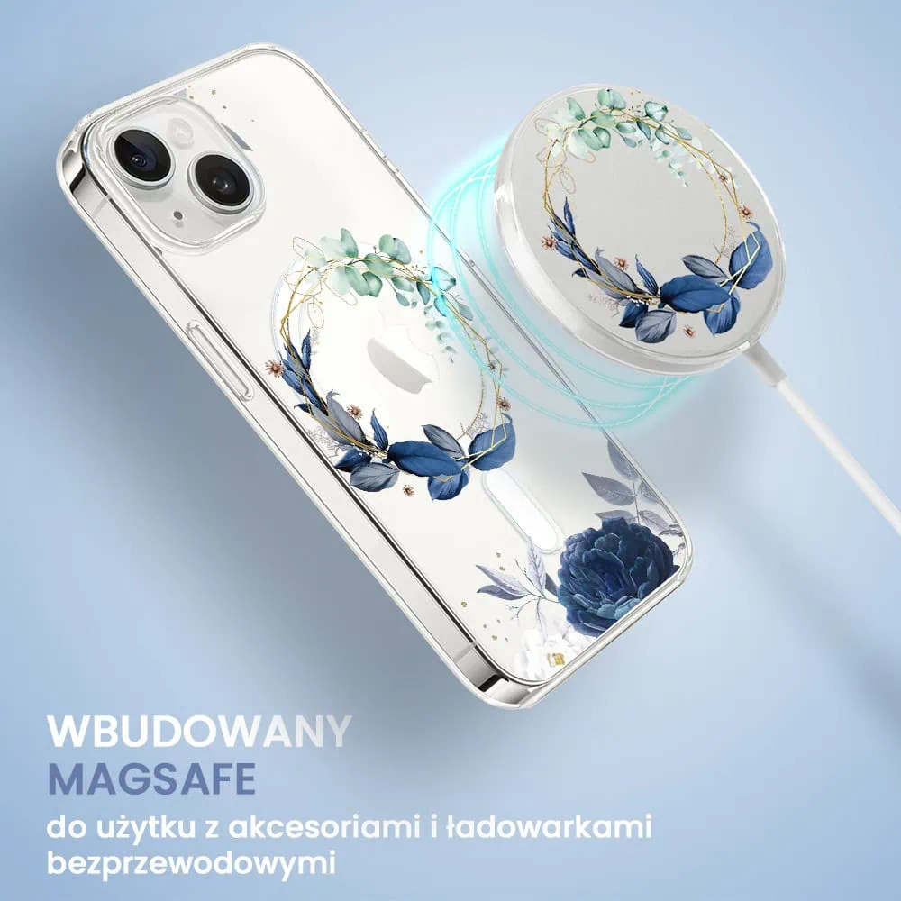 Etui do iPhone 13 Mini, Flower MagSafe, niebieskie kwiaty, przeźroczyste