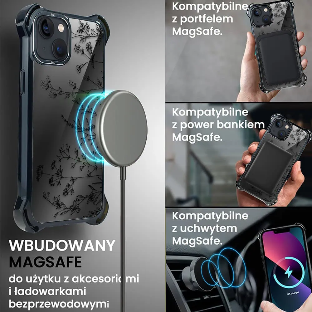 Etui do iPhone 13, Ibizu DropGuard Ultra z MagSafe, Midnight, Dotyk kwiatów