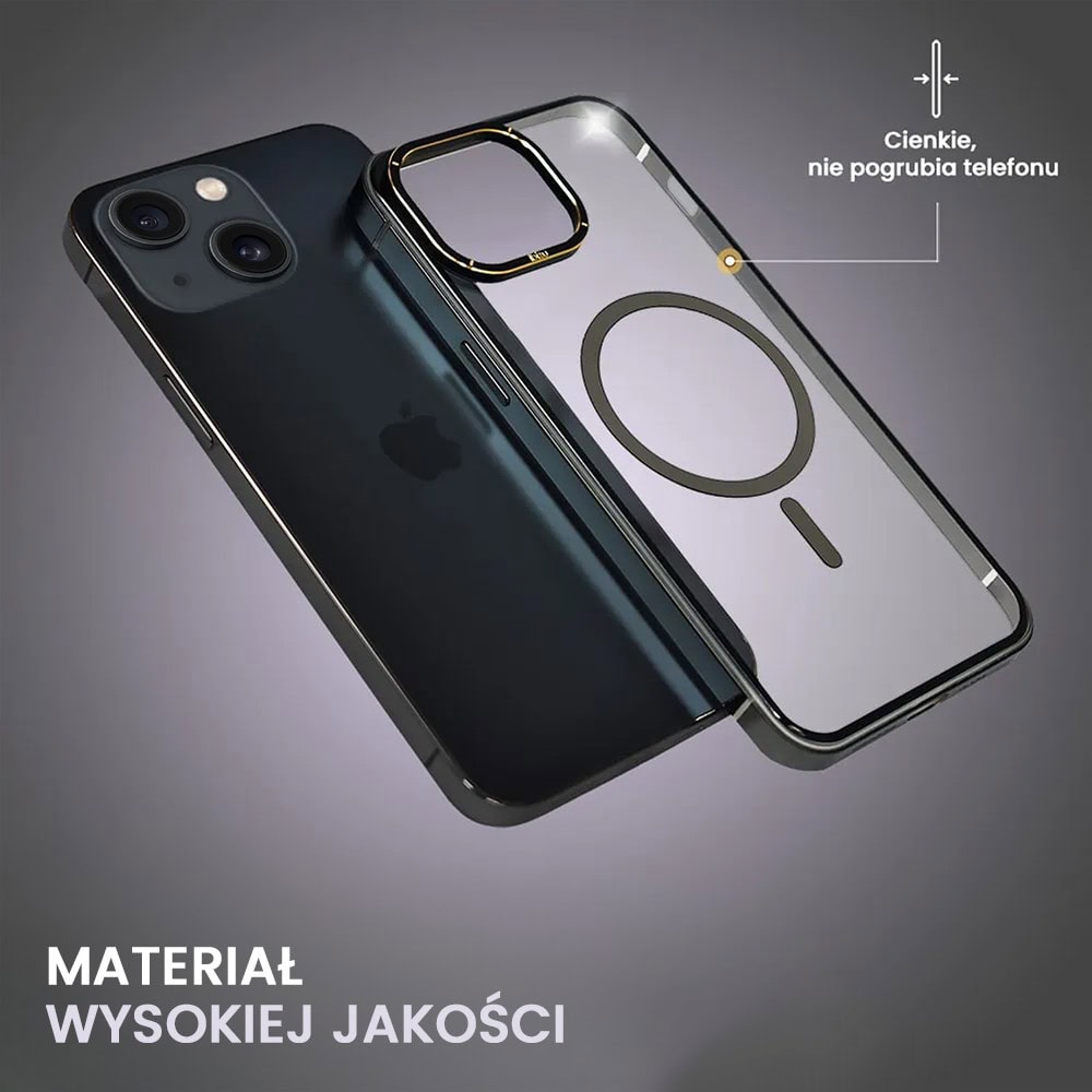 Etui do iPhone 14, Ibizu Elite Skin Cam Ring, krystalicznie czyste z metalową ramką, czarne z Magsafe