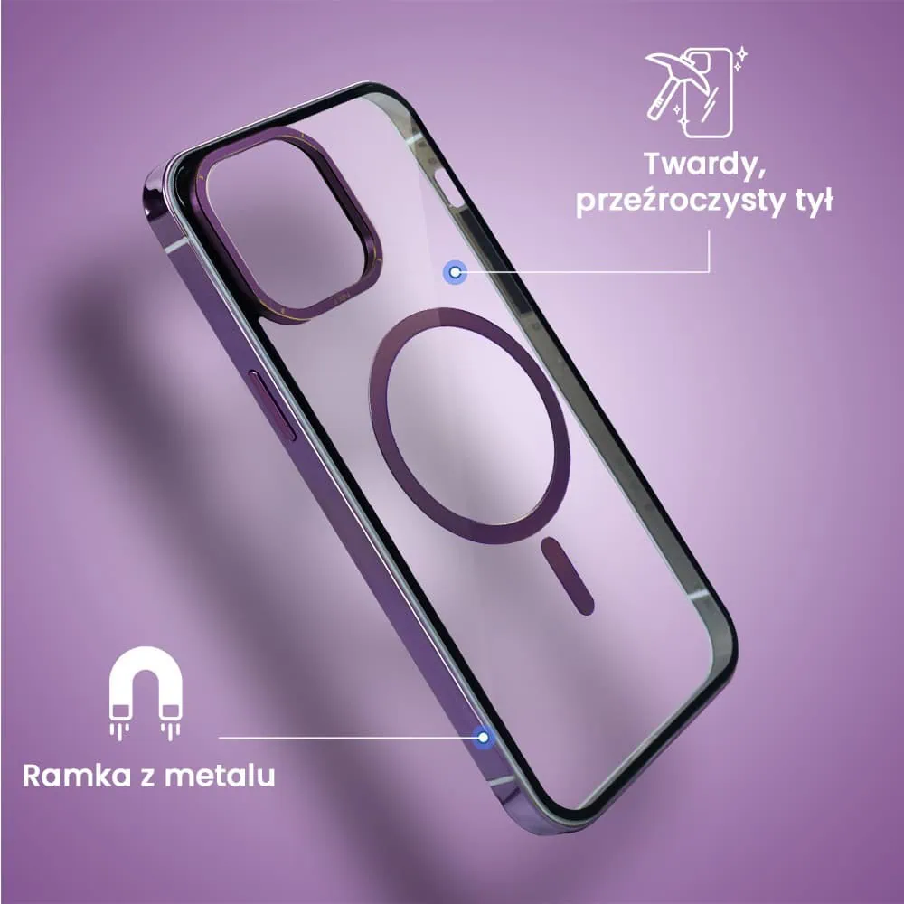 Etui do iPhone 13, Ibizu Elite Skin Cam Ring, krystalicznie czyste z metalową ramką, fioletowe z Magsafe