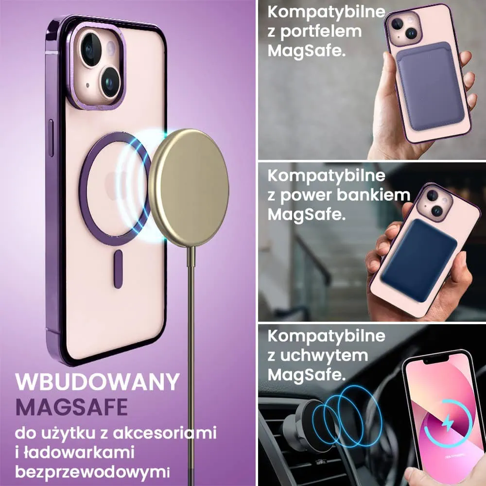 Etui do iPhone 13, Ibizu Elite Skin Cam Ring, krystalicznie czyste z metalową ramką, fioletowe z Magsafe