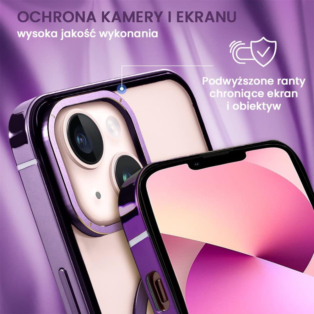 Etui do iPhone 13, Ibizu Elite Skin Cam Ring, krystalicznie czyste z metalową ramką, fioletowe z Magsafe