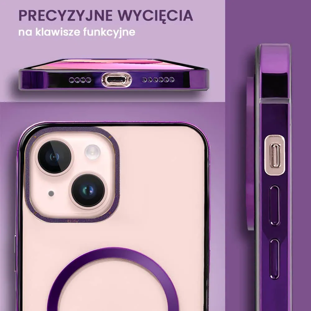 Etui do iPhone 13, Ibizu Elite Skin Cam Ring, krystalicznie czyste z metalową ramką, fioletowe z Magsafe