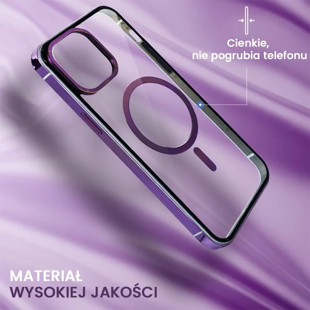 Etui do iPhone 14, Ibizu Elite Skin Cam Ring, krystalicznie czyste z metalową ramką, fioletowe z Magsafe
